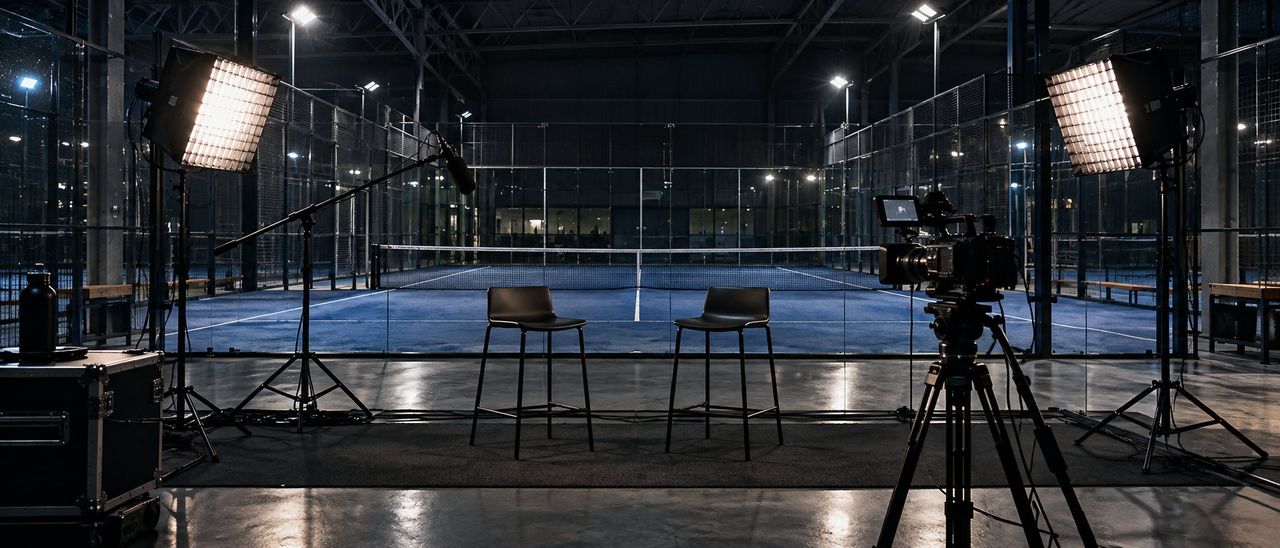 Un plató preparado para un directo junto a una pista de pádel